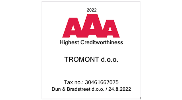 Tvrtki TROMONT d.o.o. dodijeljen AAA certifikat bonitetne izvrsnosti za 2022. godinu