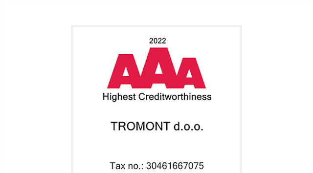 Tvrtki TROMONT d.o.o. dodijeljen AAA certifikat bonitetne izvrsnosti za 2022. godinu