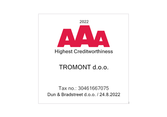 The company TROMONT d.o.o. awarded the AAA certificate of creditworthiness excellence for 2022